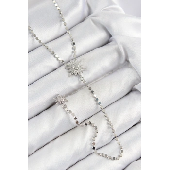 Pirinç Zirkon Taşlı Ezme Zincirli Kutup Yıldızı Model Gümüş Renk Y Kolye