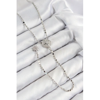 Pirinç Zirkon Taşlı Ezme Zincirli Madalyon Model Gümüş Renk Y Kolye