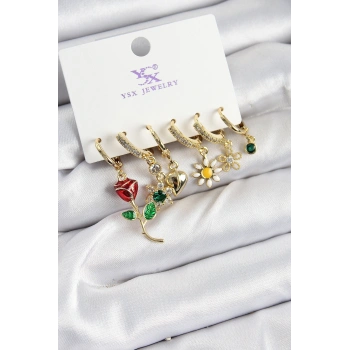 Pirinç Zİrkon Taşlı Gül Ve Papatya Model Gold Renk 3lü Çift Kadın Küpe