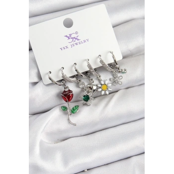 Pirinç Zİrkon Taşlı Gül Ve Papatya Model Gümüş Renk 3lü Çift Kadın Küpe