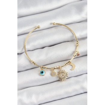 Pirinç Zirkon Taşlı Güneş Ay Nazar Model Gold Renk Charm Bileklik