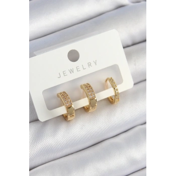 Pirinç Zirkon Taşlı Halka Model Gold Renk 3lü Çift Kadın Küpe Set
