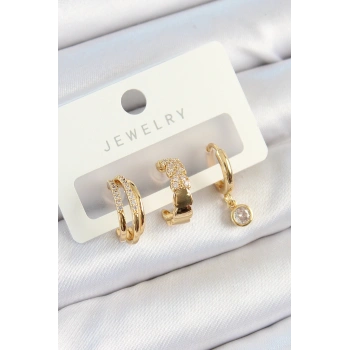 Pirinç Zirkon Taşlı Halka Model Gold Renk 3lü Çift Kadın Küpe Set