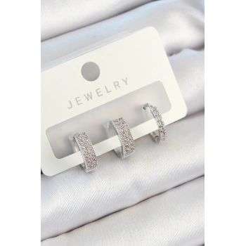 Pirinç Zirkon Taşlı Halka Model Gümüş Renk 3lü Çift Kadın Küpe Set