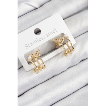 Pirinç Zirkon Taşlı İnci Detaylı Balık Kuyruğu Model Gold Renk Kadın Küpe