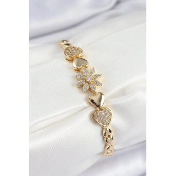 Pirinç Zirkon Taşlı Kalp Detaylı Çiçek Model Gold Renk Kadın Bileklik