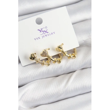 Pirinç Zİrkon Taşlı Kalp Model Gold Renk 3lü Kadın Küpe