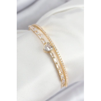 Pirinç Zirkon Taşlı Kalp Model Gold Renk Kadın Bileklik