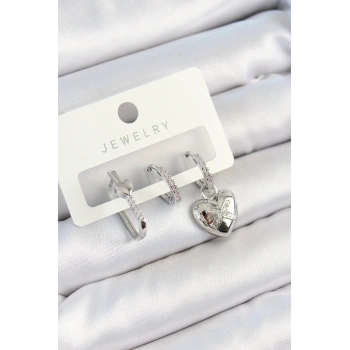 Pirinç Zirkon Taşlı Kalp Model Gümüş Renk 3lü Çift Kadın Küpe Set