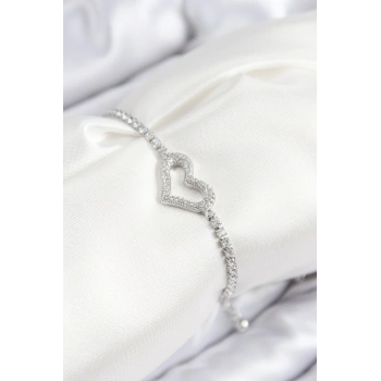 Pirinç Zirkon Taşlı Kalp Model Gümüş Renk Asansörlü Kadın Bileklik