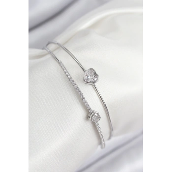 Pirinç Zirkon Taşlı Kalp Model Gümüş Renk Kadın Bileklik