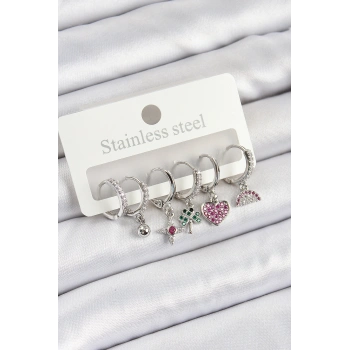 Pirinç Zirkon Taşlı Karpuz Yonca Kalp Pusula Karışık Model Gümüş Renk 6lı Set Kadın Küpe