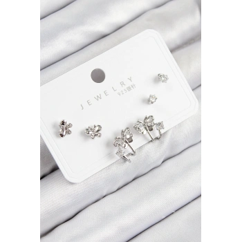 Pirinç Zirkon Taşlı Kelebek Model Gümüş Renk 925 Ayar Gümüş Çivi Kadın Küpe Set