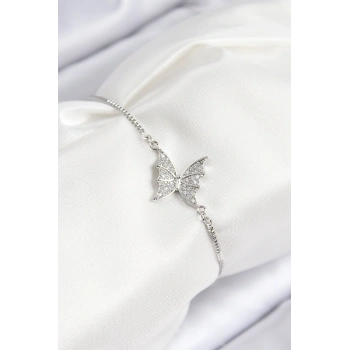Pirinç Zirkon Taşlı Kelebek Model Gümüş Renk Asansörlü Kadın Bileklik