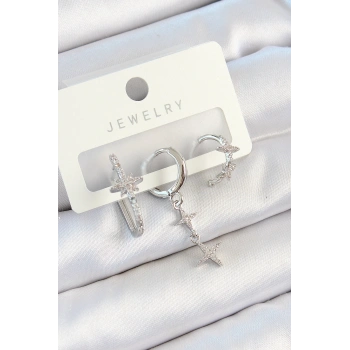 Pirinç Zirkon Taşlı Kelebek Ve Sallantılı Yıldız Model Gümüş Renk 3lü Çift Kadın Küpe Set