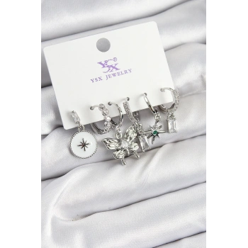 Pirinç Zİrkon Taşlı Kelebek ve Yıldız Model Gümüş Renk 3lü Çift Kadın Küpe