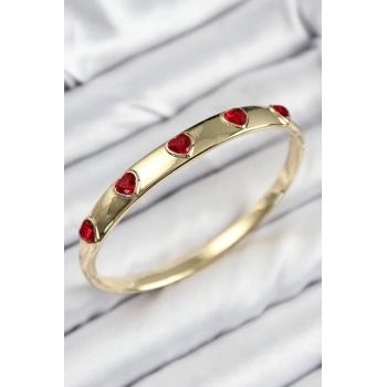 Pirinç Zirkon Taşlı Kırmızı Kalp Model Gold Renk Kadın Kelepçe