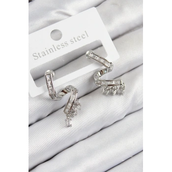 Pirinç Zirkon Taşlı Kıvrımlı Model Gümüş Renk Kadın Küpe