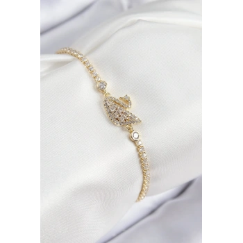 Pirinç Zirkon Taşlı Kuğu Model Gold Renk Kadın Bileklik