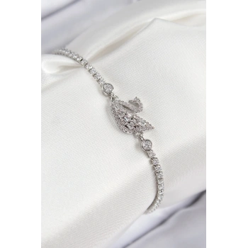 Pirinç Zirkon Taşlı Kuğu Model Gümüş Renk Kadın Bileklik