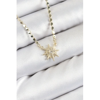 Pirinç Zirkon Taşlı Kutup Yıldızı Model Ezme Zincir Gold Renk Kadın Kolye