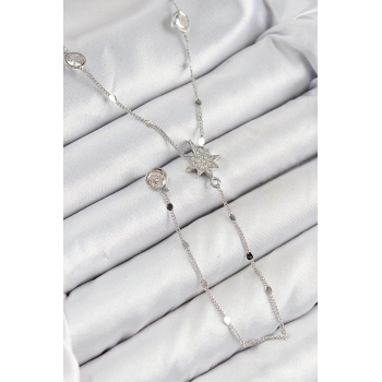 Pirinç Zirkon Taşlı Kutup Yıldızı Model Gümüş Renk Y Kolye