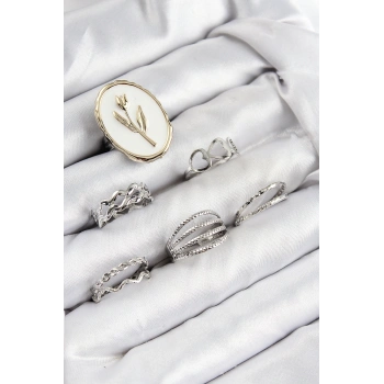 Pirinç Zirkon Taşlı Lale Model Gümüş Renk Kadın Yüzük Kombin Set