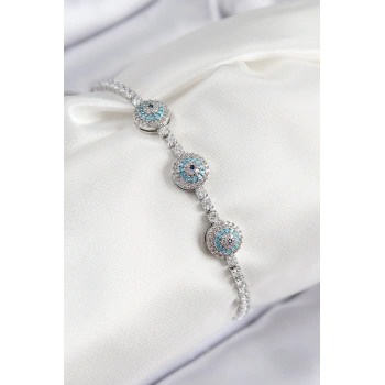 Pirinç Zirkon Taşlı Nazar Model Gümüş Renk Kadın Bileklik