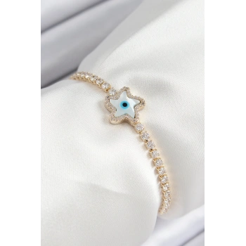 Pirinç Zirkon Taşlı Nazar Yıldız Model Gold Renk Asansörlü Kadın Bileklik