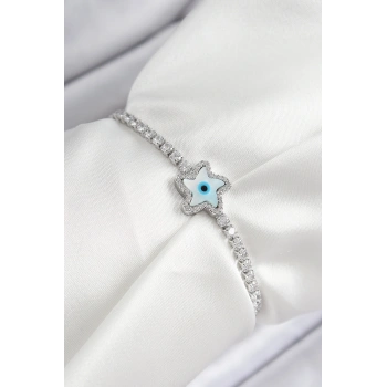 Pirinç Zirkon Taşlı Nazar Yıldız Model Gümüş Renk Asansörlü Kadın Bileklik