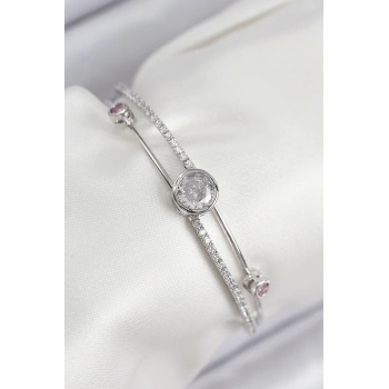 Pirinç Zirkon Taşlı Pırlanta Model Gümüş Renk Kadın Bileklik