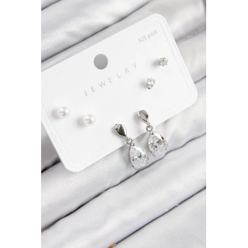Pirinç Zirkon Taşlı Sallantılı Damla Model Gümüş Renk 925 Ayar Gümüş Çivi Kadın Küpe Set