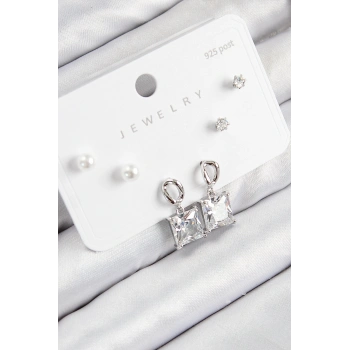 Pirinç Zirkon Taşlı Sallantılı Kare Model Gümüş Renk 925 Ayar Gümüş Çivi Kadın Küpe Set