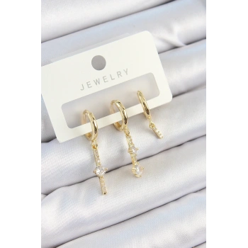 Pirinç Zirkon Taşlı Sallantılı Model Gold Renk 3lü Çift Kadın Küpe Set
