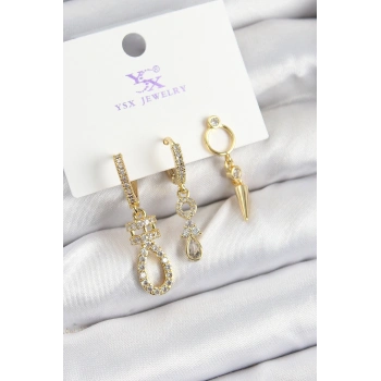 Pirinç Zİrkon Taşlı Sallantılı Model Gold Renk 3lü Kadın Küpe