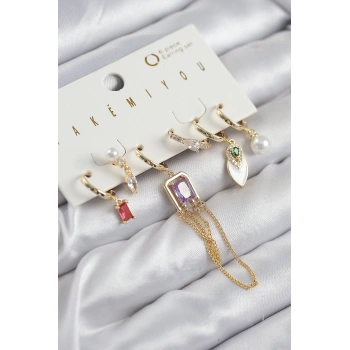 Pirinç Zirkon Taşlı Sallantılı Ve İncili Gold Renk 6lı Küpe Set