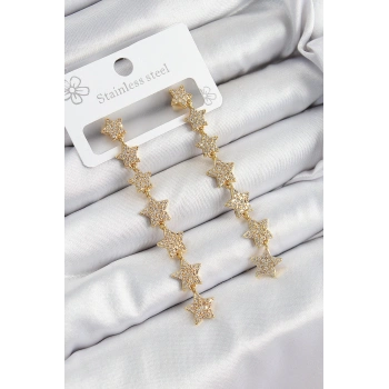 Pirinç Zirkon Taşlı Sallantılı Yıldız Model Gold Renk Kadın Küpe