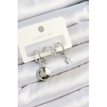 Pirinç Zirkon Taşlı Sallantılı Yıldız Model Gümüş Renk 3lü Çift Kadın Küpe Set