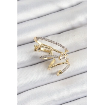 Pirinç Zirkon Taşlı Sıkıştırma Sağ Kıkırdak Gold Renk Kadın Küpe