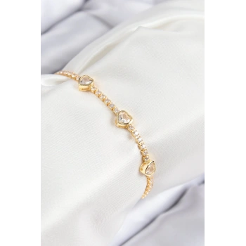 Pirinç Zirkon Taşlı Sıralı Kalp Model Gold Renk Kadın Bileklik