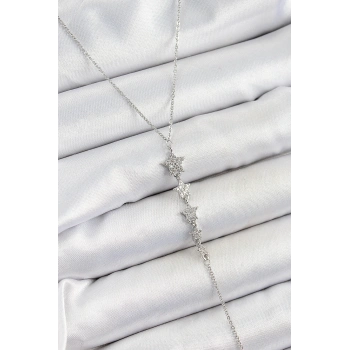 Pirinç Zirkon Taşlı Sıralı Yıldız Figürlü Y Model Gümüş Renk Kadın Kolye