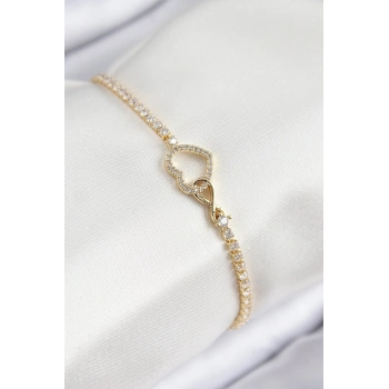 Pirinç Zirkon Taşlı Sonsuzluk Kalp Model Gold Renk Kadın Bileklik