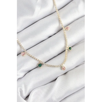 Pirinç Zirkon Taşlı Su Yolu Damla Model Gold Renk Kadın Kolye