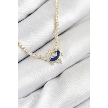 Pirinç Zirkon Taşlı Su Yolu Göz Model Gold Renk Kadın Kolye