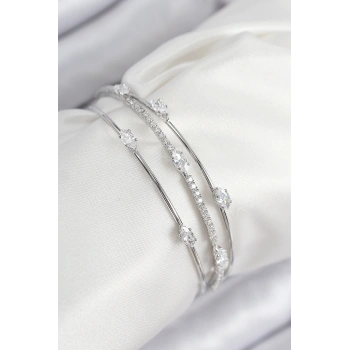 Pirinç Zirkon Taşlı Su Yolu Model Gümüş Renk Kadın Bileklik