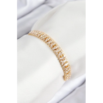 Pirinç Zirkon Taşlı Tennıs Model Gold Renk Asansörlü Kadın Bileklik
