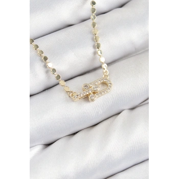 Pirinç Zirkon Taşlı Tifany Model Ezme Zincir Gold Renk Kadın Kolye