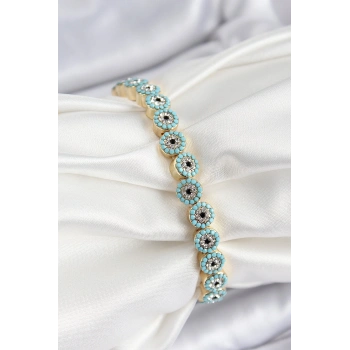 Pirinç Zirkon Taşlı Turkuaz Nazar Model Gold Renk Lastikli Kadın Bileklik