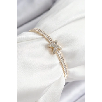 Pirinç Zirkon Taşlı X Detaylı Su Yolu Model Gold Renk Asansörlü Kadın Bileklik