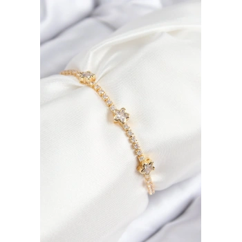 Pirinç Zirkon Taşlı Yıldız Model Gold Renk Asansörlü Kadın Bileklik